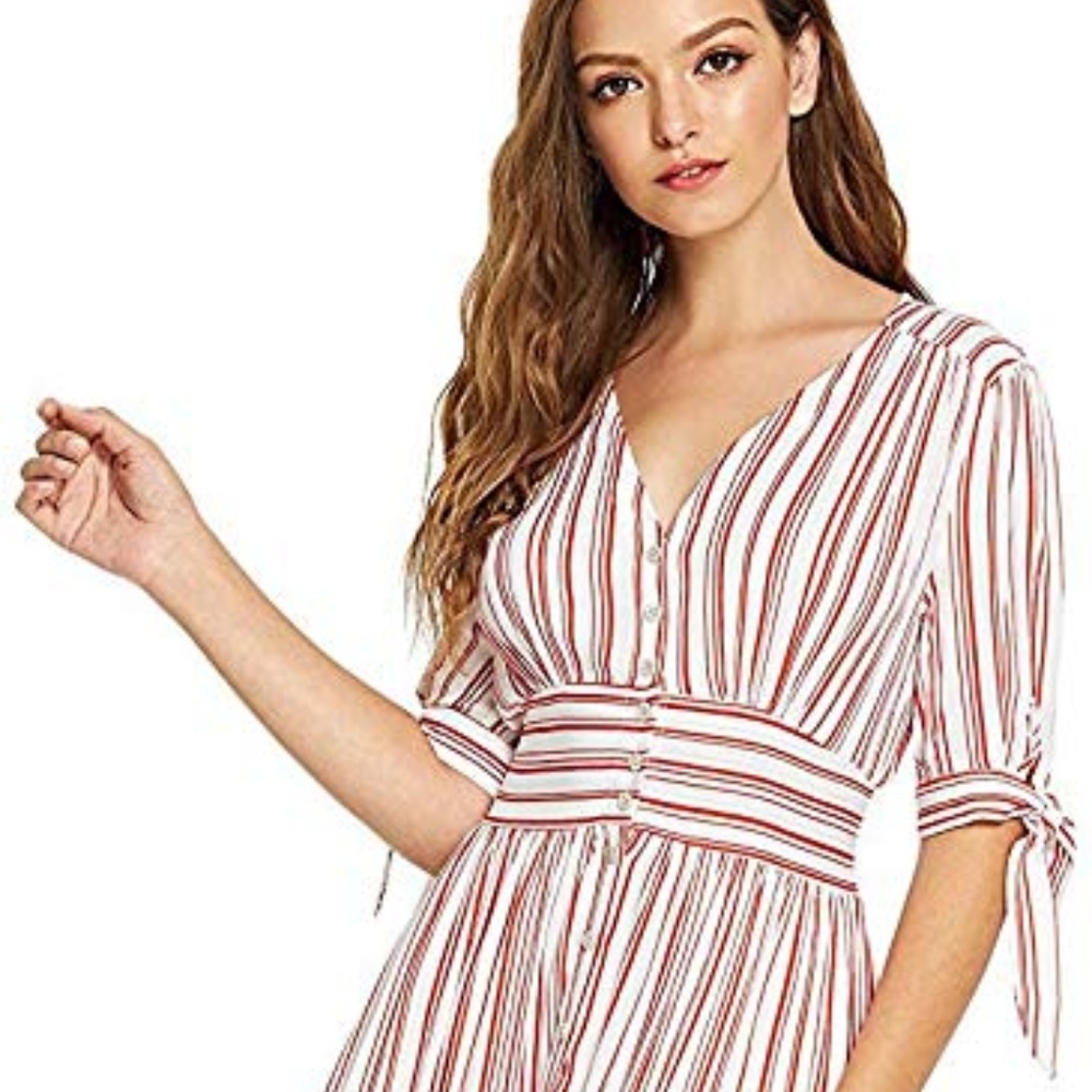Milumia Red and White Striped Tie V Neck Dress M